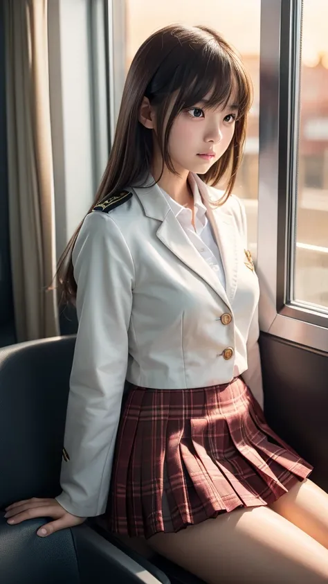 young Japanese girl in uniform , wearing a plaid pleated micro mini skirt, blazer, beautiful detailed eyes, glossy lips, long, smooth, shiny brown hair with asymmetrical bangs , floating hair in nova frog style , looking out of the window after school , Cr...