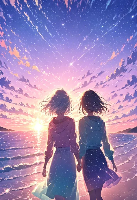 pastel, 2 women, holding hands,Watch the sunset,back, wearing a hoodie,Glitter Effect, a scene from the movie ,Best moment,Hope can be seen from a distance horizon, sandy beach,sunset 