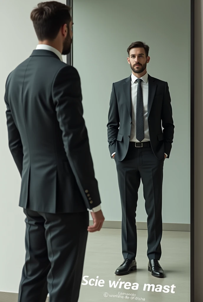 person (man) wearing standing executive clothing reflecting in a mirror with a warning that says Quality is in You ( text in Spanish ) 