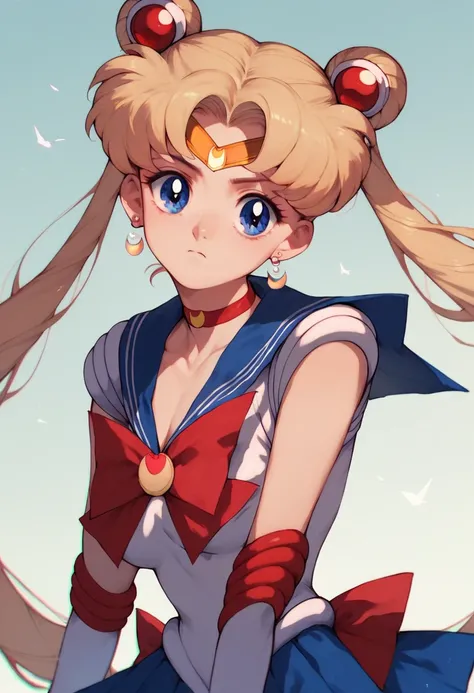 Sailor Moon,Tsukino Usagi, long hair, double bun, twintails, parted bangs,medium breasts, tiara, earrings, blue eyes, red choker, blue sailor collar, red bow, white shirt, elbow gloves, white gloves, blue skirt
