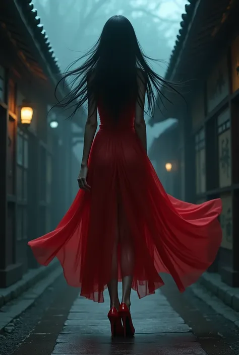 Long-haired dark-haired woman wearing a red dress wears red pumps with heels、Im looking down and cant see my face、 Darkness、 Japanese、ghost