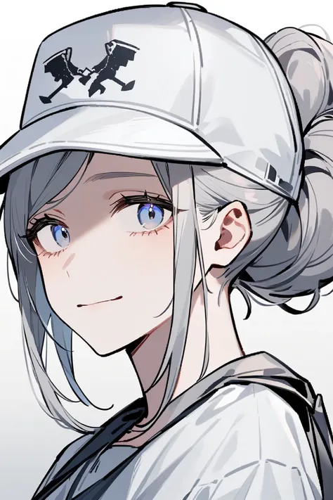  Im a 38-year-old woman with gray hair that is always tied up in a bun at her nape。Her eyelids are heavy 、 her eyes are deep blue 。 Im a soldier wearing a white baseball cap 。Theres no smile on my mouth 。