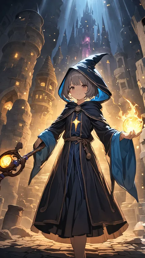 1 girl, ( cute face),  Short Hair, to many hairstyle,  Fantasy Wizard,  small breasts,  hooded cloak , Archmage Robe ,  Shining Long Staff ,  Pottery skin ,  cowboy shots, break, Magic Tower , moody lighting, underlighting, sharp shadows,  break, Stars in ...