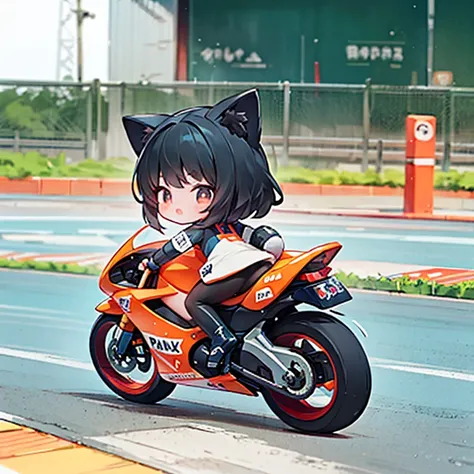 Little fox mascot girl , Ride as a female racer racing on a road bike,  black hair,  semi-long,  stylish ,  road bike racing , Behind the scenes of several road racers engaged in a heated battle, speed, Elevate your mood,  Panoramic View, A rear view of a ...