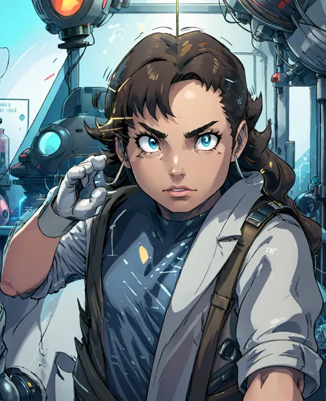 a professor in a pokémon world, detailed portrait, intricate details, photorealistic, highly detailed facial features, beautiful eyes, sharp nose, expressive lips, lab coat, pokeball in hand, scientific equipment, futuristic laboratory, glowing screens, ne...