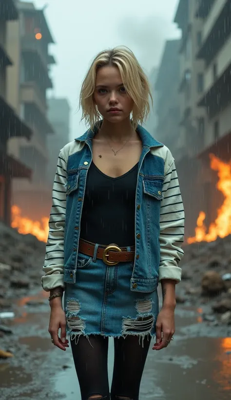 very young woman, standing in a post-apocalyptic environment in heavy rain. , black fitted top, blue denim jacket with white sleeves with thin horizontal black lines,  ripped blue denim skirt and brown belt with gold buckle ,  all clothes and wet hair .  C...