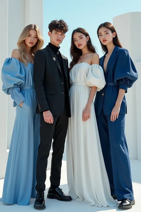  A girl with a boy wearing black clothes a boy with a girl wearing white clothes a boy alone wearing blue clothes they all are very handsome and. Beautiful 