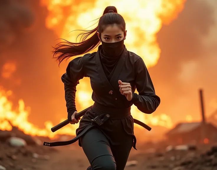 Highest quality, Realistic, Very detailed, finely, High resolution, 8k、Beautiful Japanese female ninja、Running in flames at battlefield