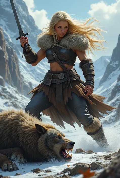 Female warrior  , Loira viking, with a sword in his hand but punching an animal in the face that falls to the ground 