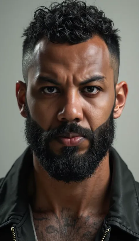 a man portrait, crew cut hair, short curly hair, black hair, receding temples, thick beard