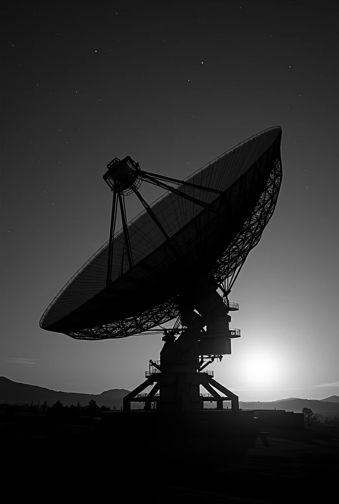 A giant satellite dish in the distance, pointed at the starry sky with the moon in view. The image is only in black and white
