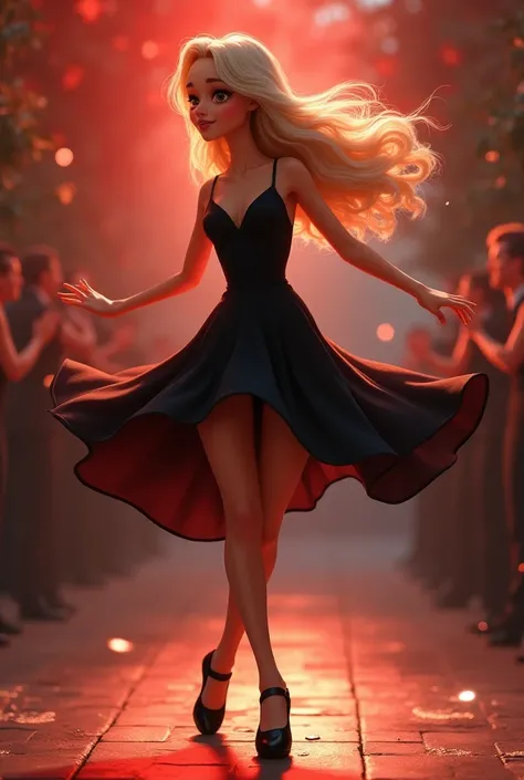 A beautiful blonde girl in a cartoon-style portrait, wearing black Mary Jane tap heels, tap dancing gracefully, black dress, detailed facial features, delicate lashes, high-quality rendering, cinematic lighting, vibrant colors, dynamic composition, masterp...