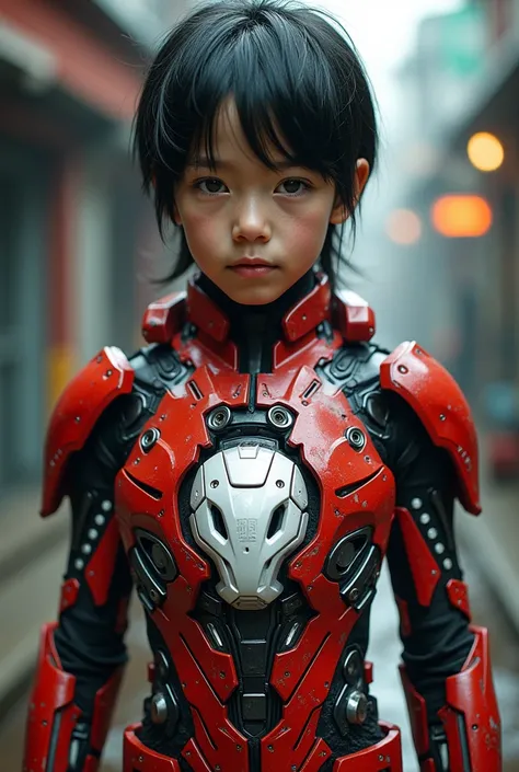  a  old boy wearing red and white outer skeletal armor,  iron Man robot face on his chest , Malaysian mullet hairstyle ,  detailed face and eyes ,  very detailed, 8K, photo realism, cinematic lighting