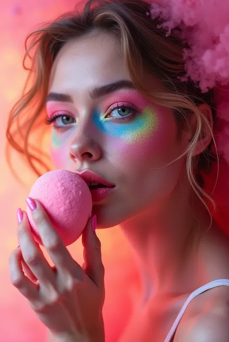 Une aura colorée explosive en bubblegum, dynamique. une jolie femme tenant une éponge de maquillage à la main. dans une fusion fascinante de bubble gom à contraste élevé et de techniques de splash art, Inondé de couleurs. Exécuté avec la précision ultra-dé...