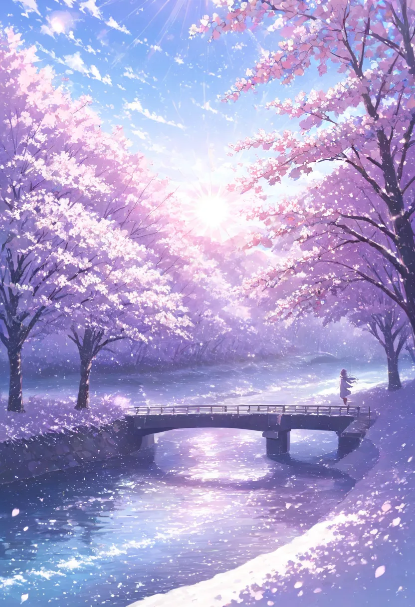 ((pastel))、 woman,  river and senbonzakura on one side  , sparkling cherry blossoms  ,cherry blossom snowstorm,pink glow,noon,  ...