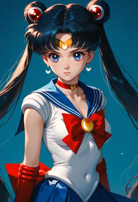 Sailor Moon,Tsukino Usagi, long hair, double bun, twintails, parted bangs,medium breasts, tiara, earrings, blue eyes, red choker, blue sailor collar, red bow, white shirt, elbow gloves, white gloves, blue skirt
