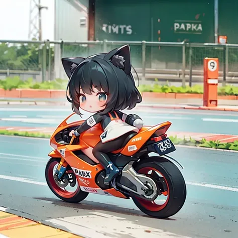 Little fox mascot girl , Ride as a female racer racing on a road bike,  black hair,  semi-long,  stylish ,  road bike racing , Behind the scenes of several road racers engaged in a heated battle, speed, Elevate your mood,  Panoramic View, A rear view of a ...