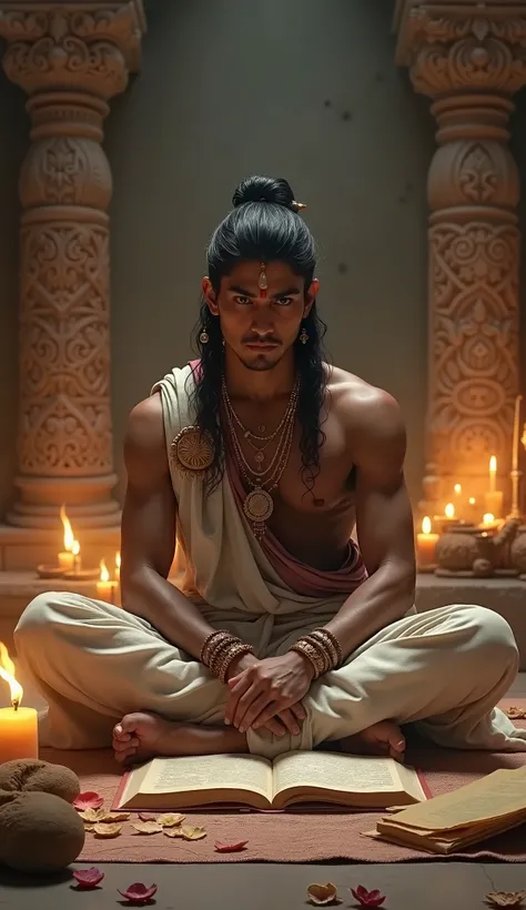 "Create an image of Ravanas son deeply immersed in learning the four Vedas. He is seated cross-legged in a serene palace chamber, surrounded by ancient scriptures on palm leaves. His attire is simple yet royal, signifying his noble lineage, with a sacred t...