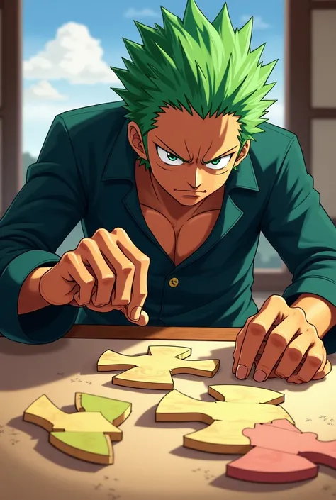 Zoro anime character from One Piece putting together a tangram