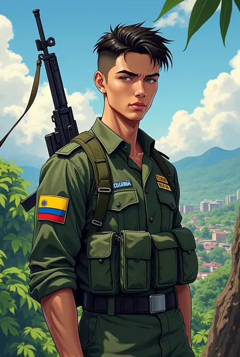 Create me a Colombian soldier in an attractive anime in the form of a male idol and with a realistic logo of the country
