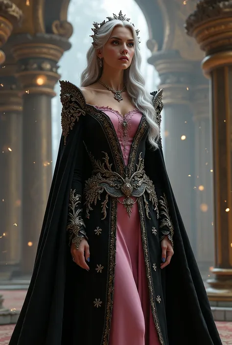 The most beautiful and noble woman from a fantasy world , a silver-haired queen wearing her best black and pink dress 