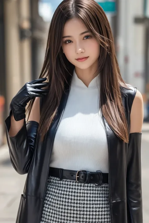 (8k, RAW Photo, Highest Quality, High Resolution:1.1), (ultra-realistic:1.4),(Realistic, Realistic:1.3),Japanese Beauty, Outdoors, A girl wearing an elegant dark violet long coat, a knit top and a houndstooth mini skirt, pumps,((Upper Body Position Street ...