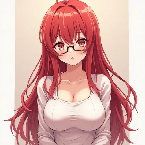 1 ,  Long hair ,  Fringe between her eyes, red hair,  hair over the shoulder,  very large breasts ,  bright pupils , anime, Alignment,  High resolution, Shy,  full body photo , few clothes, glasses 