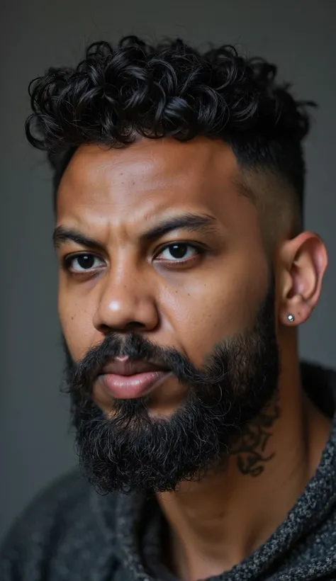 a man portrait, crew cut hair, short curly hair, black hair, receding temples, thick beard