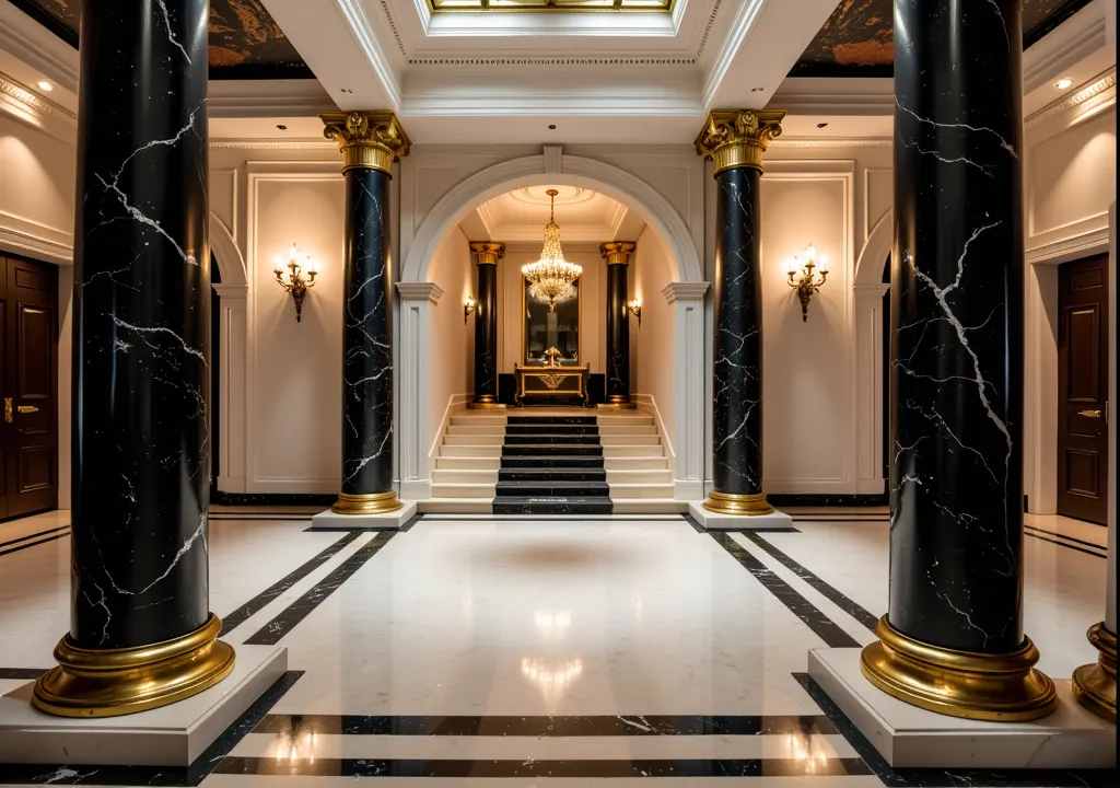 neoclassic inspired residence with imposing columns ,  double stairs in black marble and details in aged gold .  interiors decor...