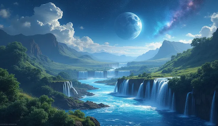 Water as the Source of Life: A serene cosmic landscape showing water as the source of all life, with flowing streams and rivers nourishing the earth, symbolizing the creation of life from water.