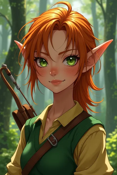 dark Anime/Comic style. A young woman elf, with orange Shaggy Medium Length hairstyle. Green eyes, wearing a simple medieval hunter clothes with green and soft yellow colors. With a bow into her back. She has a circle face shape and mad facial expression. ...