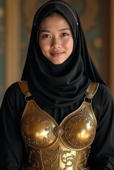  High Quality , Super detailed,  beautiful image , perfect anatomy,  high definition ,  Serious Japanese Man Becomes a Woman , Become a Muslim woman with plump breasts with a chest circumference of 100 cm or more ,  A female Muslim warrior wearing gold arm...