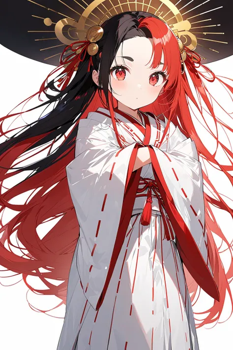  1 girl, High school girl,  full body shot,  black hair, Long Hair,  cute face, Thin eyebrows, golden sun hair ornament, Amaterasu Omikami Cosplay , Red hair tie, Shrine maiden, Halo, perfect anatomy, Kind Face,   detail face on the dining table , slim,  f...