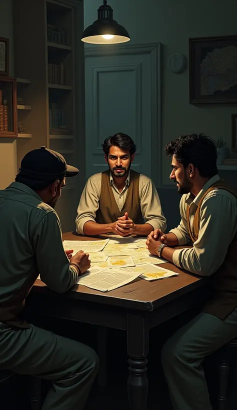 "Bhagat Singh and his fellow revolutionaries planning a strategy in a dimly lit room filled with maps and papers."