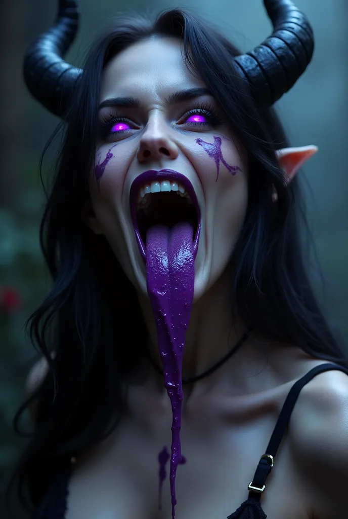 Succubus thirsty for semen with her mouth open purple lipstick salivating