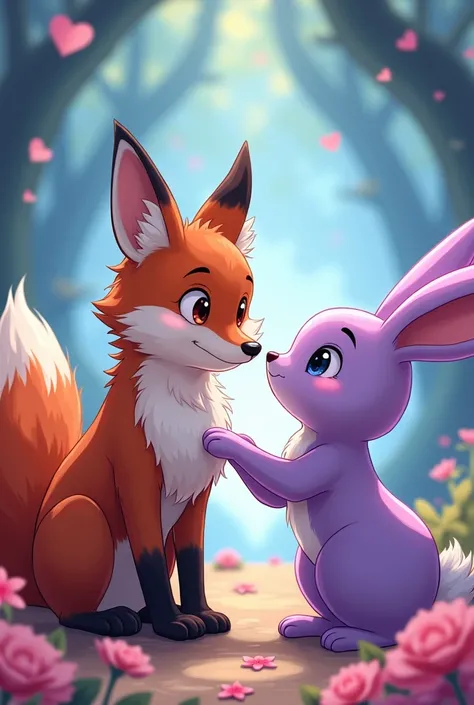 Fox and purple rabbit in love, With anime style like Boku no Hero 