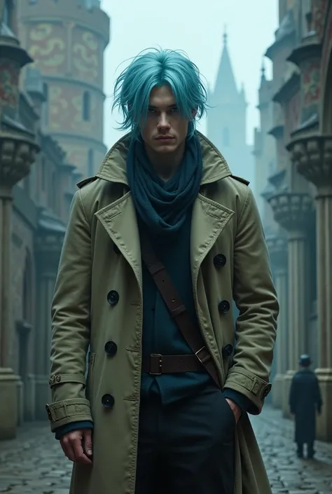 a man of 27 years,  trench coat with dark eyes and light blue hair, wearing a medieval 