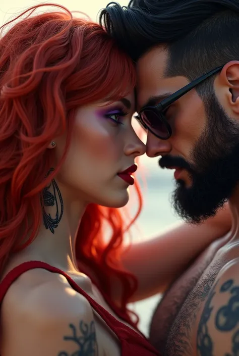 Couple, Girl long red cruls hair purple eyes,tattoo, piercing,red lips, full lips, man wearing sunglasses, 
black hair, black grey long beard, kissing 