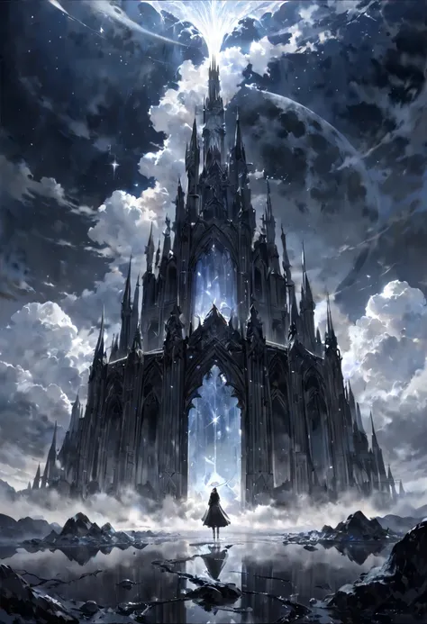 black moon, a fantastic, transparent and majestic building made of crystal towering into the heavens, a silent and flowing sky, high quality, sacred, .Surrounded by a hauntingly nostalgic atmosphere, the scene is illuminated by soft, ambient light, with a ...