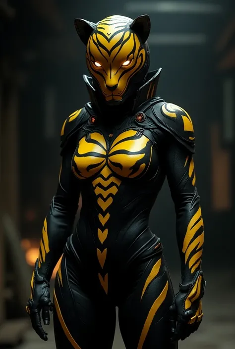 Intergalactic bounty hunter armor with black/yellow tiger motif. Their weapon is a energy katana.