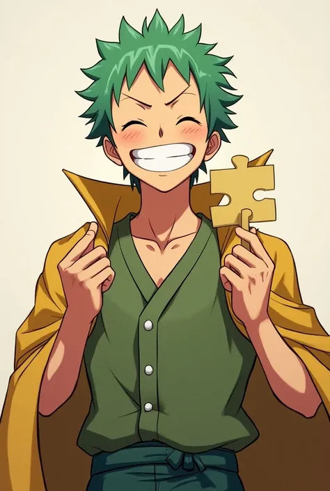 Zoro anime character from one piece happy with a puzzle piece with a more decent costume 