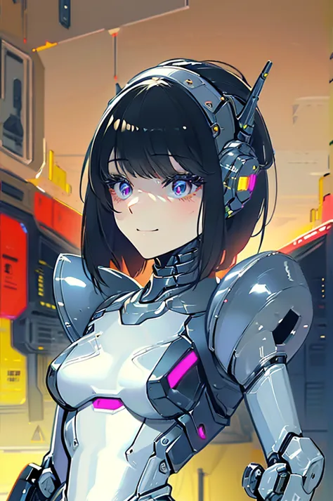 (masterpiece),(Highest quality),(Super detailed),(Best illustrations),(Best Shadow),(Absurd),(Detailed Background),(so beautiful), 16K, 8K, 4K,(Best Shadow),robotization,woman ,big bust,Robot Joint ,Metal skin,Black robot Suit,long hair,a black robot suit that covers the whole body,robot hand,cyber bodysuit,mecha head,(Detailed hands and fingers:1.2),Ball joint robot body,doll joint,beautiful face,beautiful robot girl,robotic eye,robotic hands,(no more human skin),android girl,cyborg girl,F cup, sexy body,(machine made joints:1.2),(machanical limbs:1.1),(blood vessels connected to tubes),(mechanical vertebra attaching to back),(mechanical cervial attaching to neck),no messy picture style,no emotion,tech control,black robot suit,maintenance,smile,robot maid,maid,cyborg maid