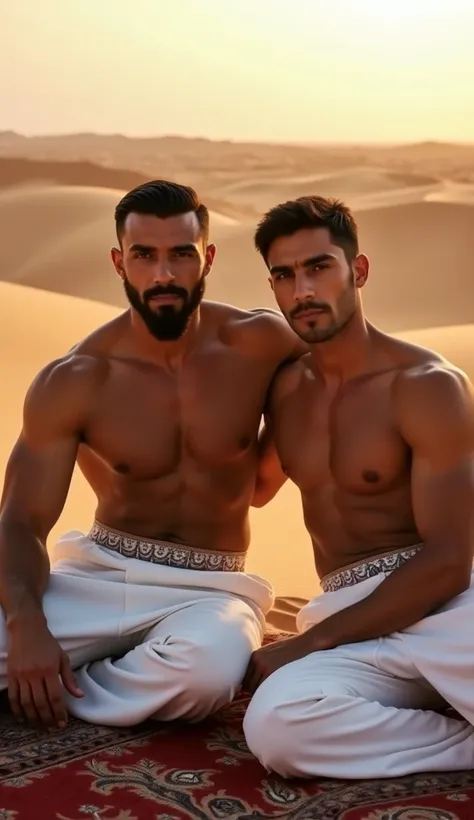 A strikingly handsome Arabian man with a chiseled, masculine face, marked by a strong jawline, high cheekbones, and a neatly trimmed short beard, sits shirtless with a powerful, commanding presence. His deep, expressive eyes exude strength and mystery, fra...