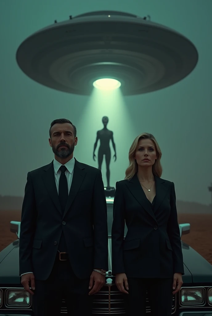 a man and a woman (the man has a beard and short hair, the woman has blonde hair) dressed in black suits, standing side by side in front of a dark black Ford Crown Victoria LTD car, there is a large flying saucer in the background and Two aliens are coming...