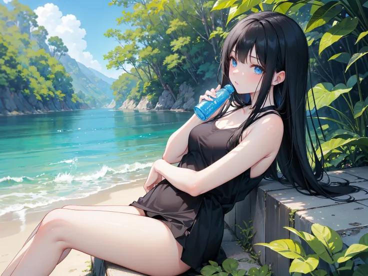  Long straight black hair , Swimsuit,   blue eyes，Holding a blue bottle, Relaxation posture, sit, Review, healthy skin, Outdoor scenery, Green leaves and blue sky, Bright natural light   ,   The sun shines in from the top left,   warm and soft atmosphere ,...