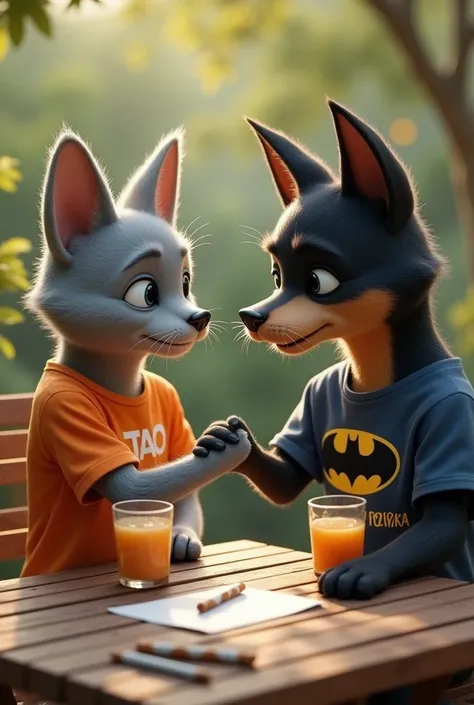 
Dans un style ultra réaliste. Un homme anthropomorphe avec une vraie tête de chat gris  Chartreux qui est habillé avec un t-shirt orange sur lequel est écrit en majuscule TAO, il se réconcilie avec Un homme anthropomorphe avec une tête de chien noir style...