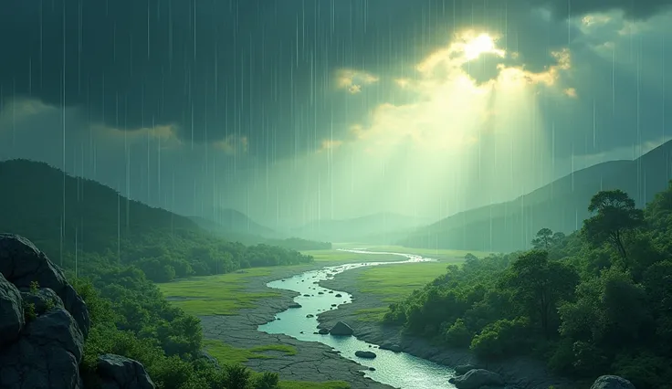 

An animation depicting the moment when Allah sends rain from the sky to nourish the Earth. The scene starts with dark clouds gathering above a barren land, and then rain begins to pour down, transforming the dry ground into a lush, fertile landscape. Wat...