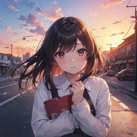 ((City in Ruinsを調査する女の子:1.5))、((She has an assault rifle))、((Sunset sky:1.5))、( a bright red sunset )、(最高masterpiece、 photorealistic showing the subject from directly above、Original photo)、(( detailed face ))、(( cute face))、((Real Face))、((Uniform eyes))、(...