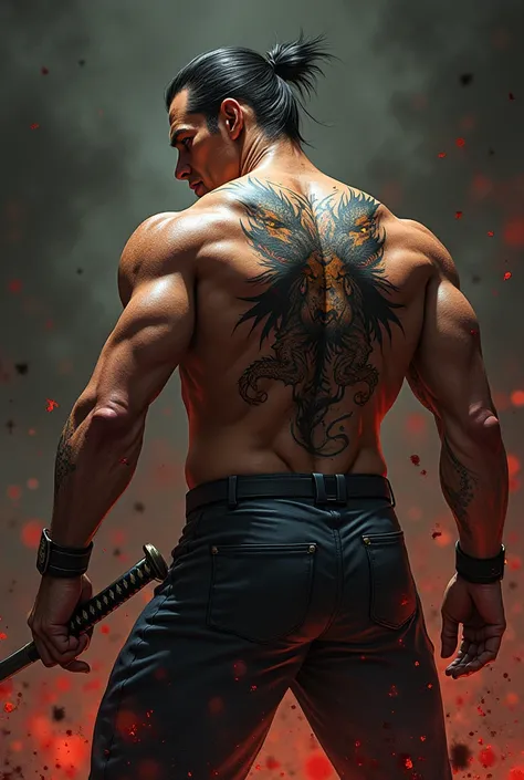  Russian MOBSTER with hair combed back,  yakuza style dragon tattoo on the back, shirtless,  with a katana on one hand ,  knocking down a demon and plunging a sword into his chest, Bloody combat  