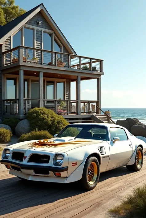 4. Beach House with a Car: Sport super polar white heavy metalic pearl 1977 Pontiac Firebird Transam Bandit with gold ornaments, A seaside house with a wooden deck and ocean views, with a car parked out front.